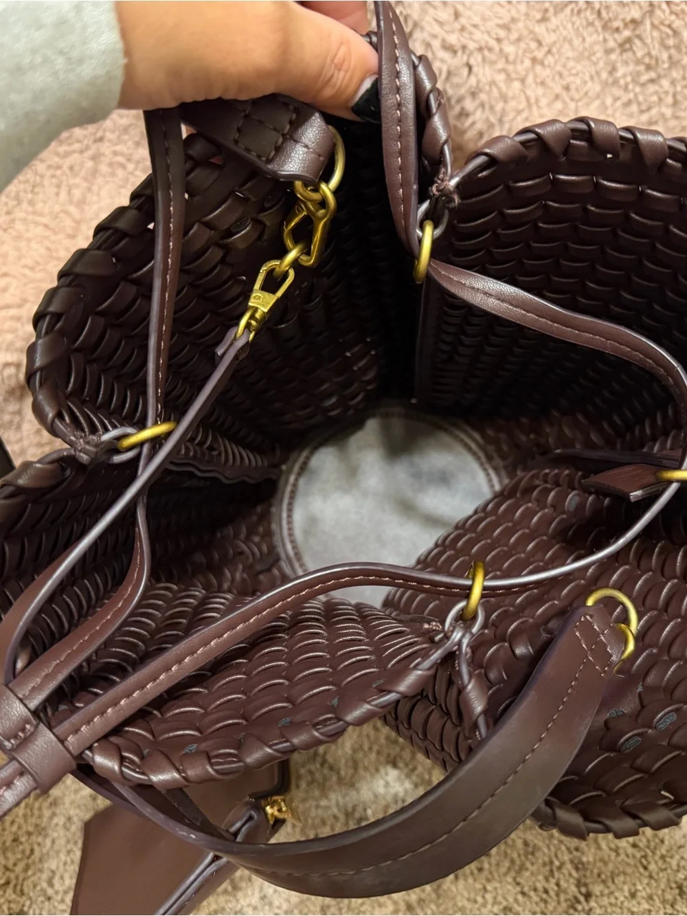 ZARA Braided Woven Bucket Bag Chocolate Brown Shoulder Bag